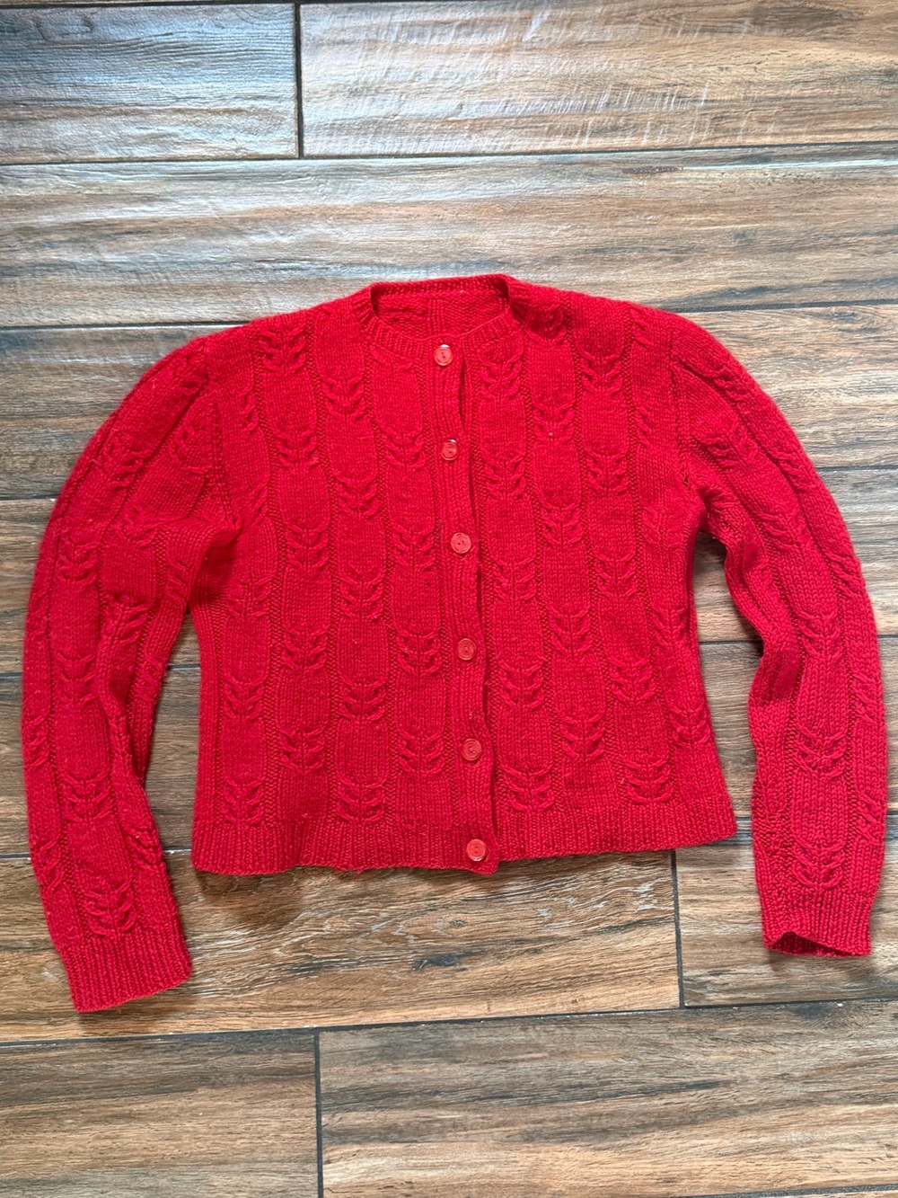 Red vintage hand knitted sweater. Vintage buttons. Hand made. Granny. Cardigan
